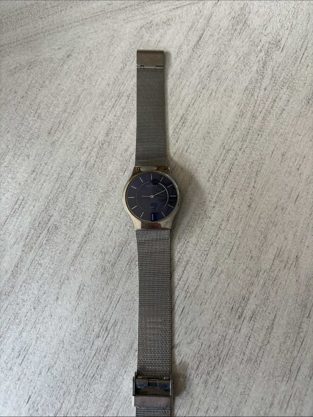 Skagen Silver Mesh Watch with Blue Dial. Works but needs a battery.